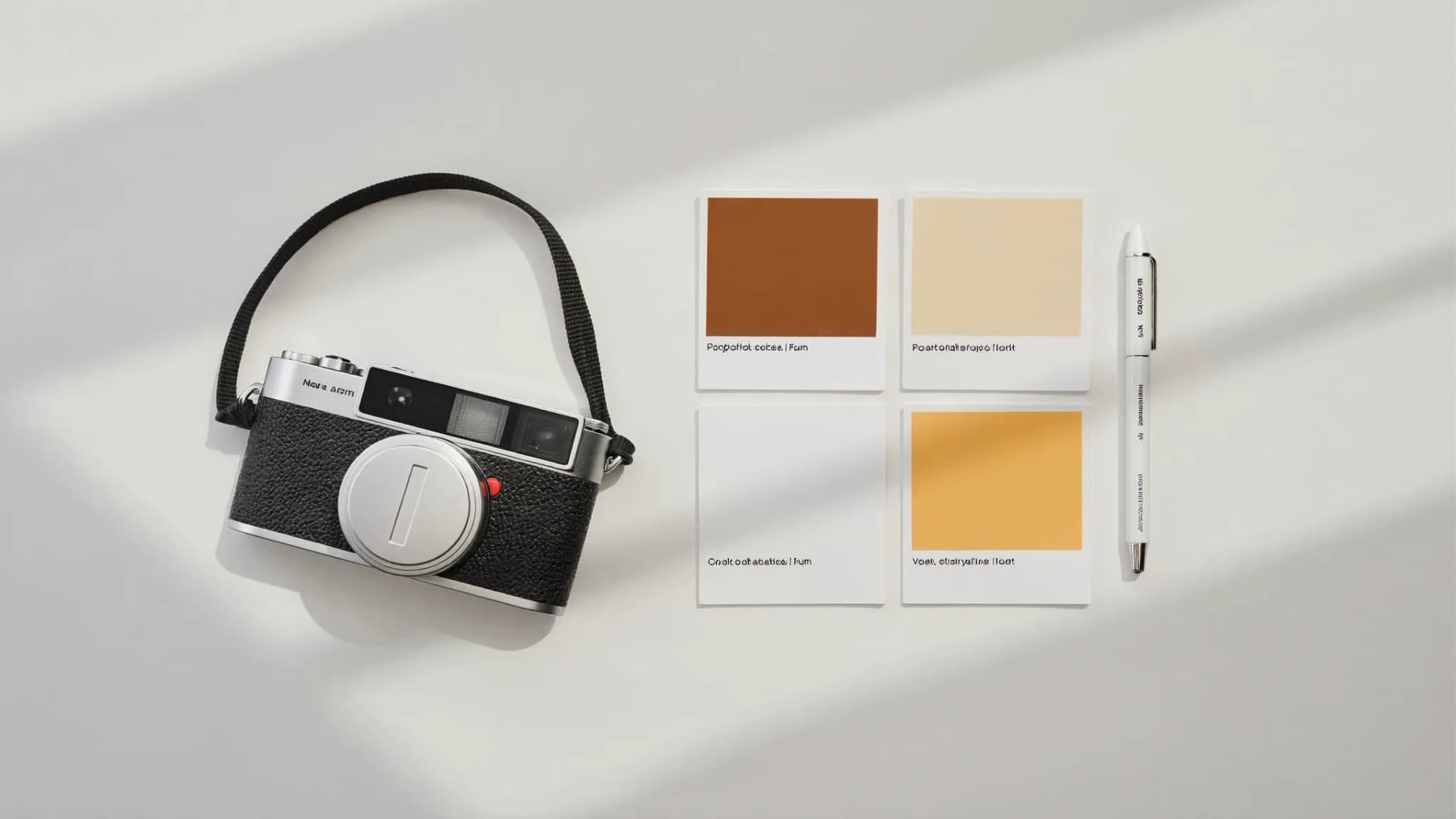 Flat-lay med kamera, notatbok og penn på hvit flate — innholdsproduksjon